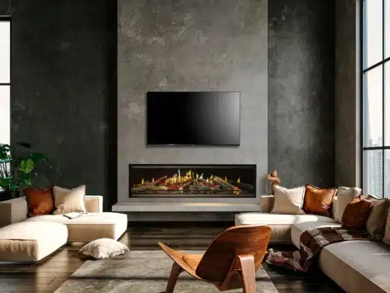Chimenea eléctrica sin salida de humos con efecto llama LED en salón moderno